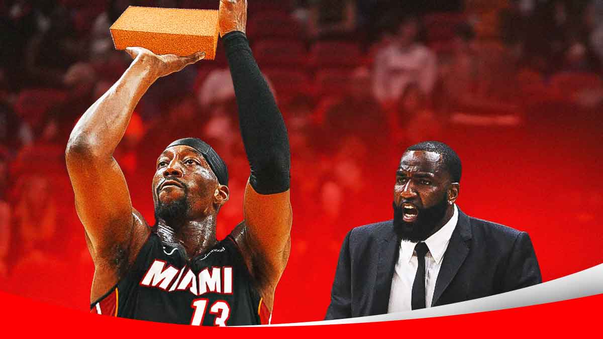 Heat's Bam Adebayo shooting a brick, with Kendrick Perkins looking mad at him