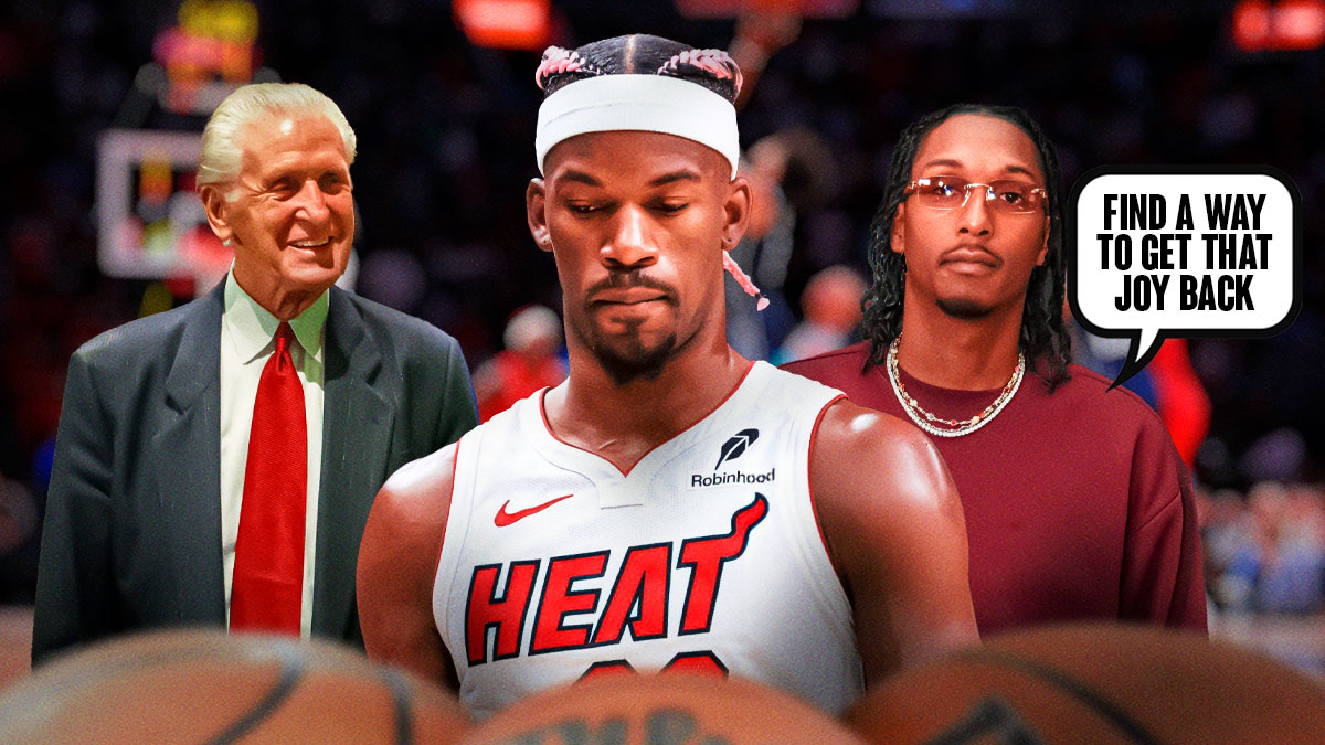 Lou Williams with a thought bubble that says "Find a way to get that joy back" with Heat forward Jimmy Butler looking sad, and Pat Riley smiling, in a suit.