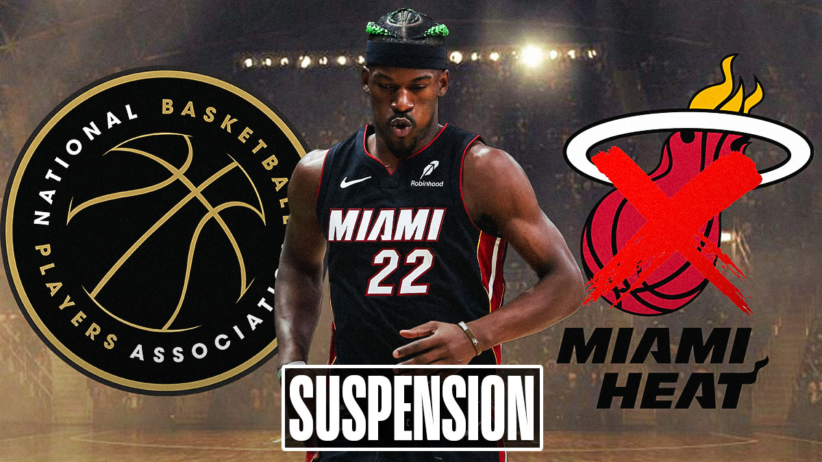 Jimmy Butler with the word suspension through him, and a big red X mark. There's also the NBAPA logo next to Butler, in addition to the Heat logo with a big red X through them