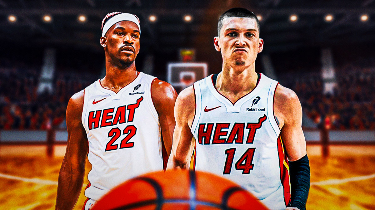 Miami Heat stars Tyler Herro and Jimmy Butler in front of Kaseya Center.