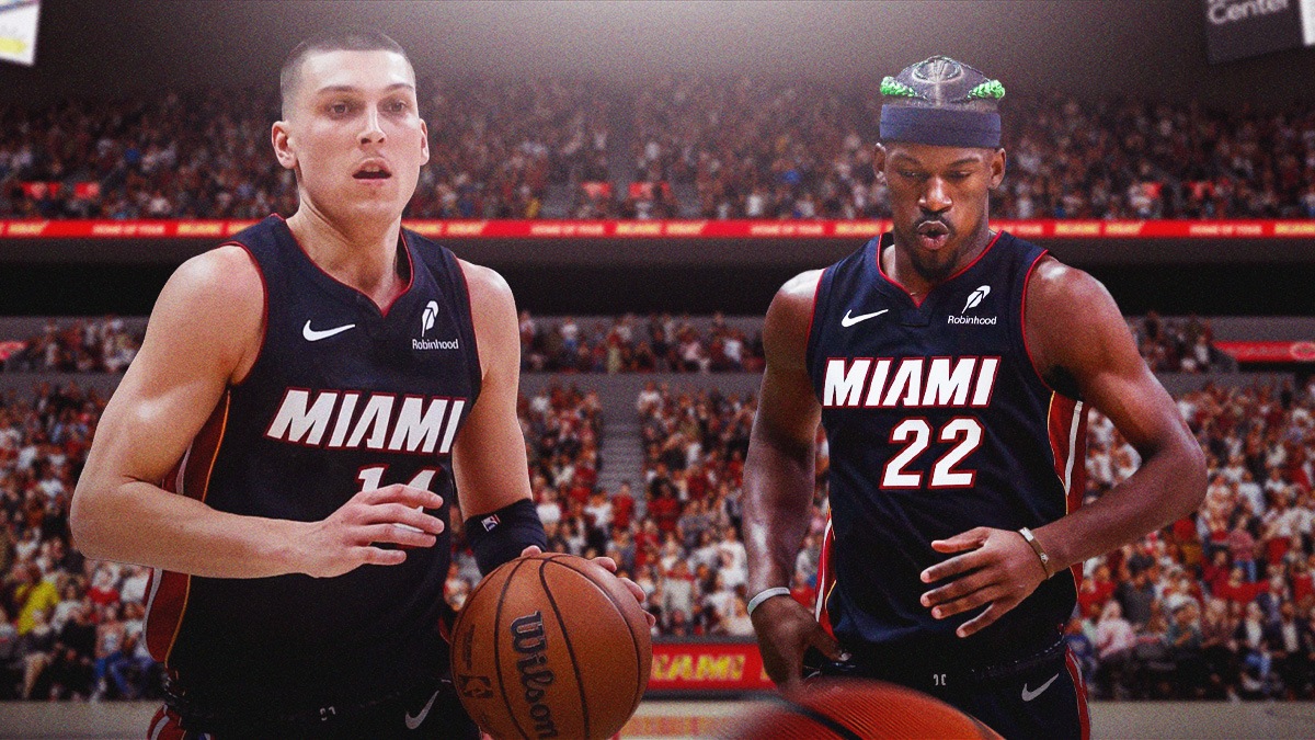 Miami Heat stars Tyler Herro and Jimmy Butler in front of Kaseya Center.