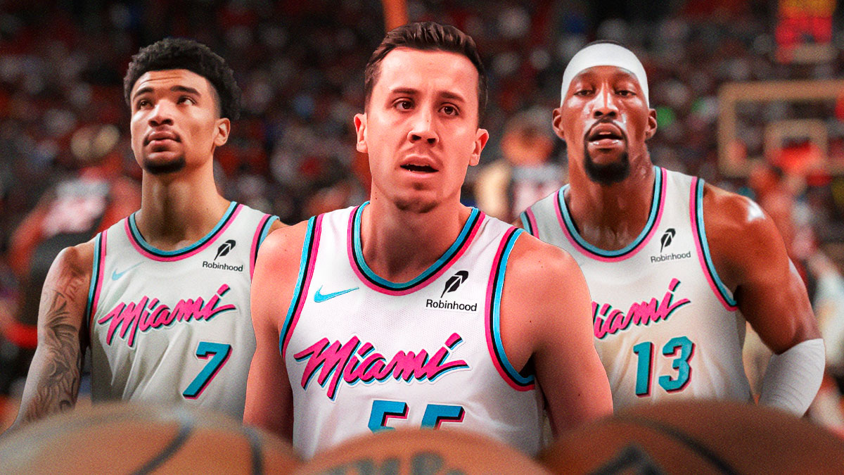Miami Heat star Duncan Robinson with Bam Adebayo and Kel'el Ware on either side in front of Kaseya Center.