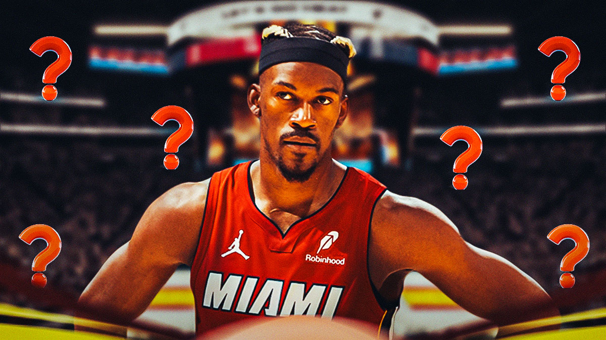 Miami Heat star Jimmy Butler with question marks around him in front of Kaseya Center.
