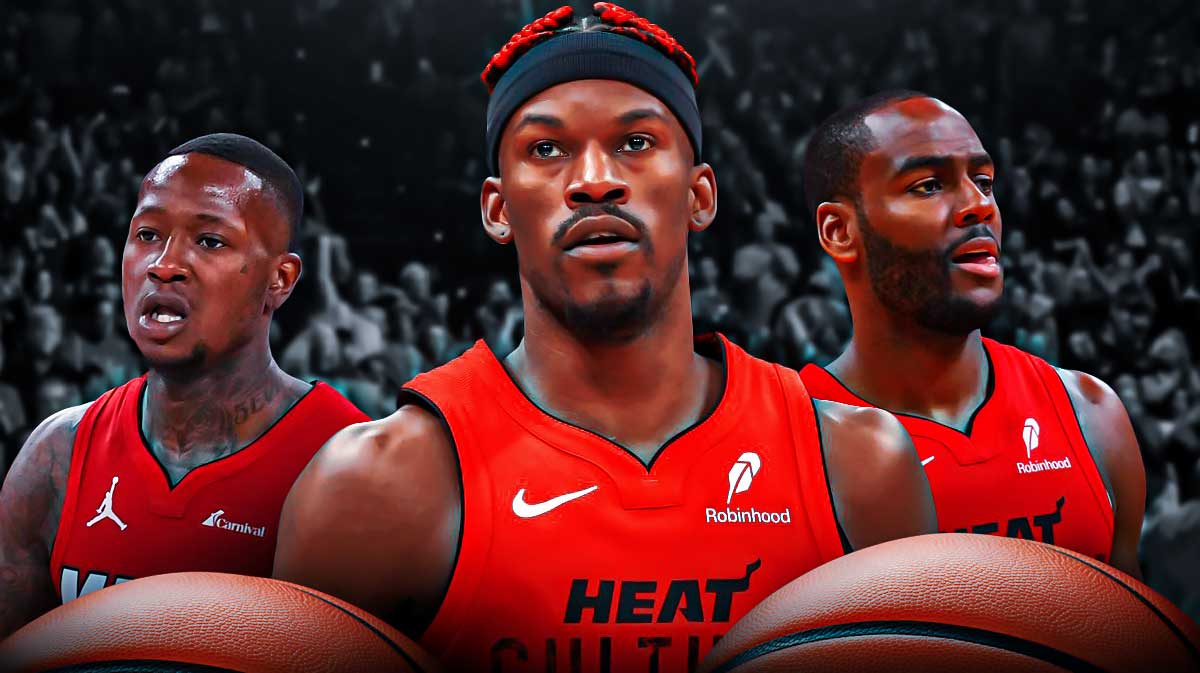 Jimmy Butler looking stern, Terry Rozier and Alec Burks looking stern, Miami Heat logo, 3-5 question marks, basketball court in background