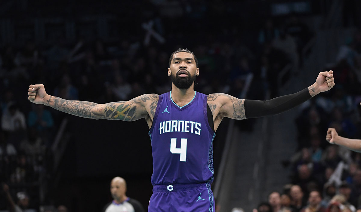 Charlotte Hornets center Nick Richards (4) reacts to a call on the court during the second half against the Philadelphia 76ers at the Spectrum Center.