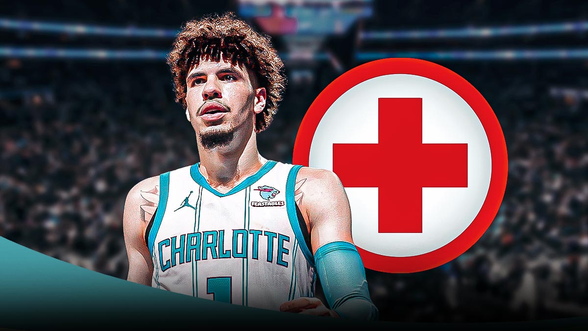 LaMelo Ball next to a medical cross on the Hornets basketball court, Lakers injury