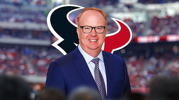 Texans president Greg Grissom with a Texans logo behind him. NRG Stadium background.