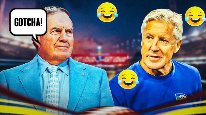 Seattle Seahawks coach Pete Carroll with crying laughing emojis and New England Patriots coach Bill Belichick with a word bubble from Belichick that says: Gotcha!