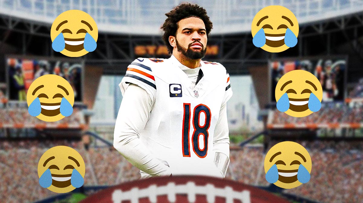 Bears QB Caleb Williams surrounded by laughing emojis