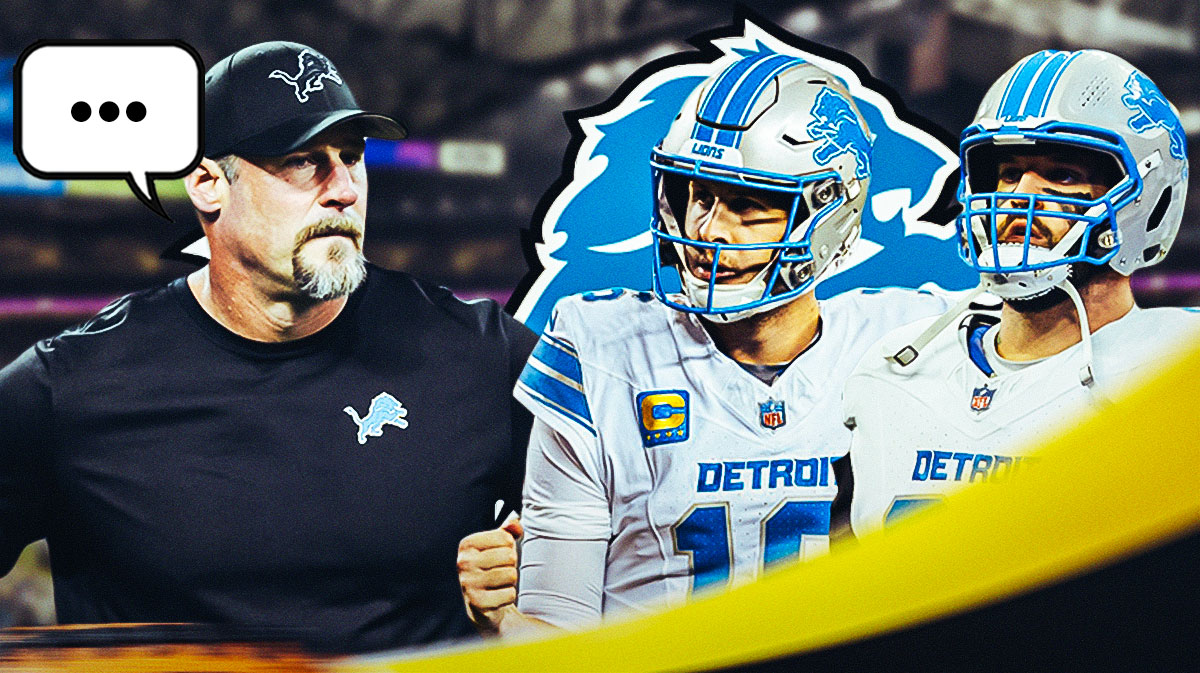 Detroit Lions head coach Dan Campbell with a speech bubble that says "I'm not a meathead!" He is next to Lions QB Jared Goff and LT Taylor Decker. There is also a logo for the Detroit Lions.