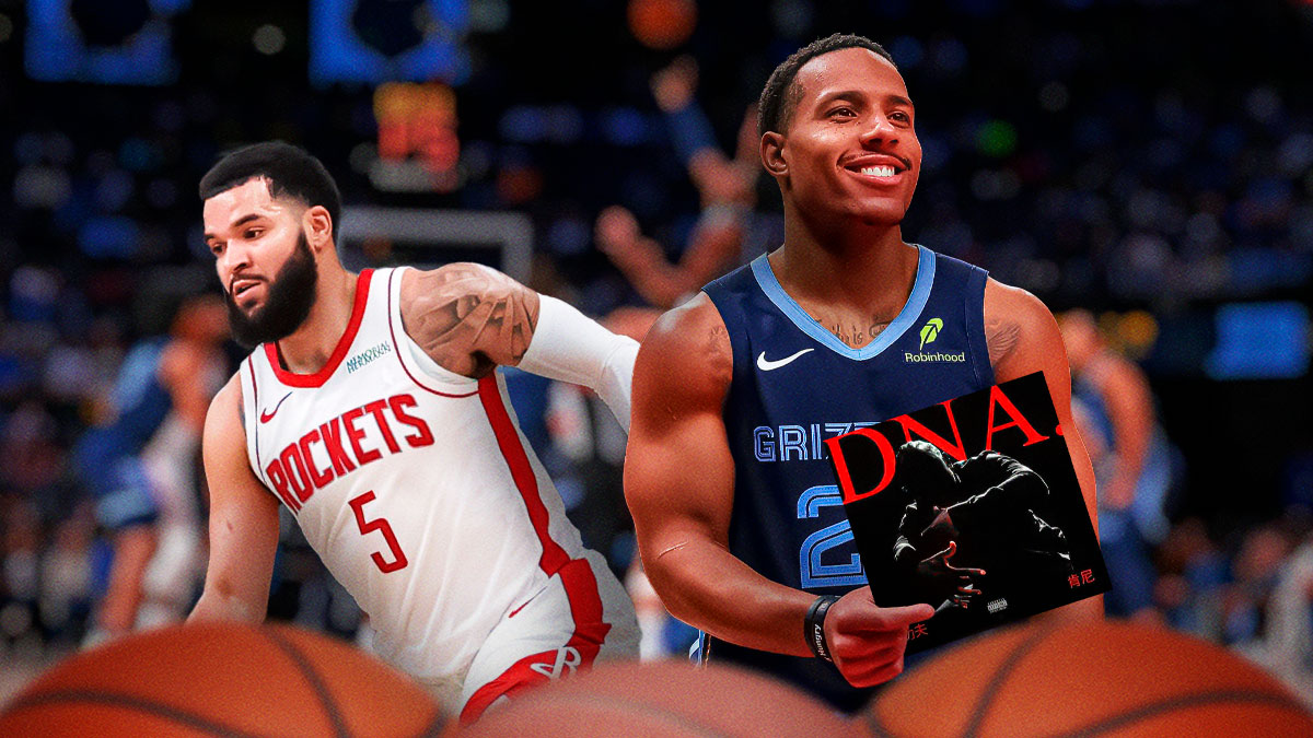 Desmond Bane holding a Kendrick Lamar 'DNA' record, Grizzlies logo