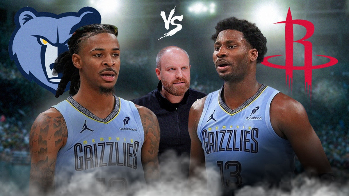 Taylor Jenkins, Ja Morant, Jaren Jackson Jr. Grizzlies vs Rockets logos