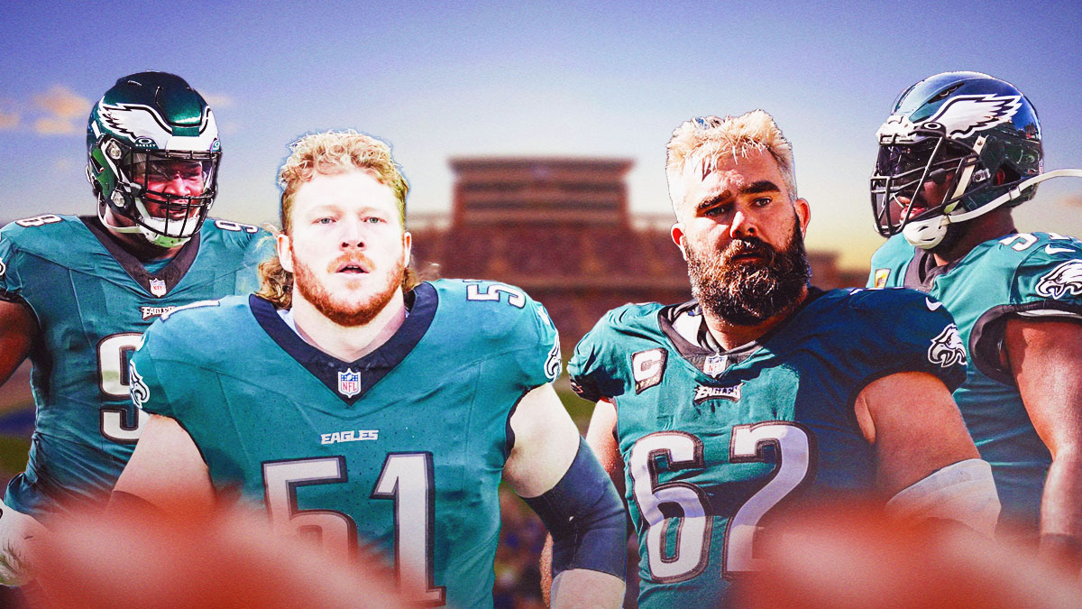Cam Jurgens and Jalen Carter on the left, Fletcher Cox and Jason Kelce on the right with the Eagles stadiums the background.