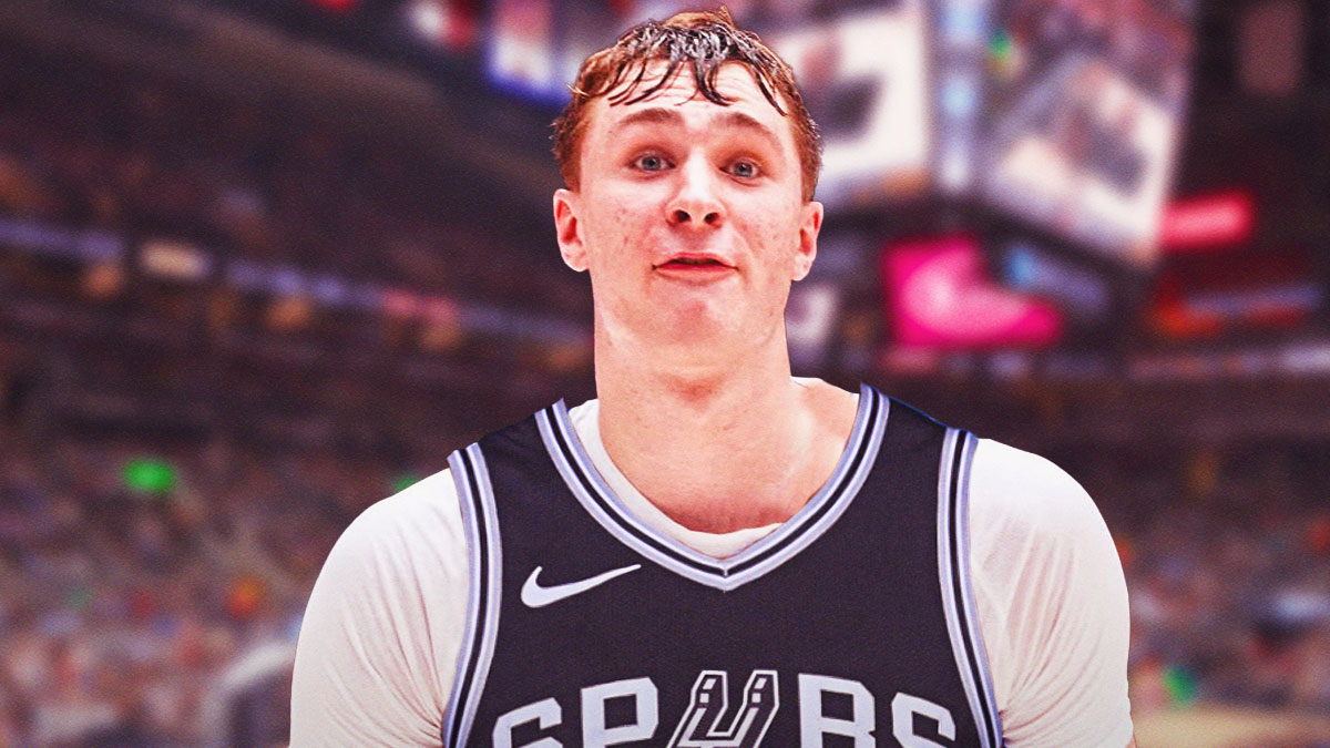 College basketball player Cooper Flagg in a San Antonio Spurs jersey, NBA Draft Jalen Johnson injury