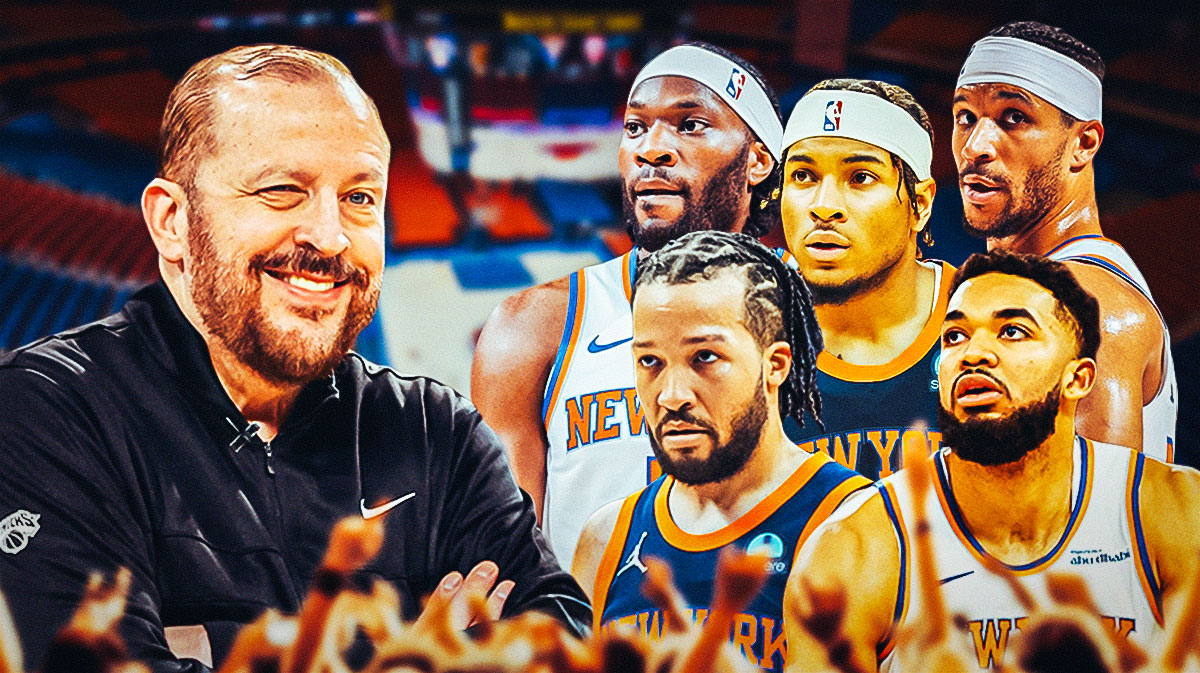 Tom Thibodeau smiling / hovering above images of Brunson, Towns, Hart, Achiuwa and McBride