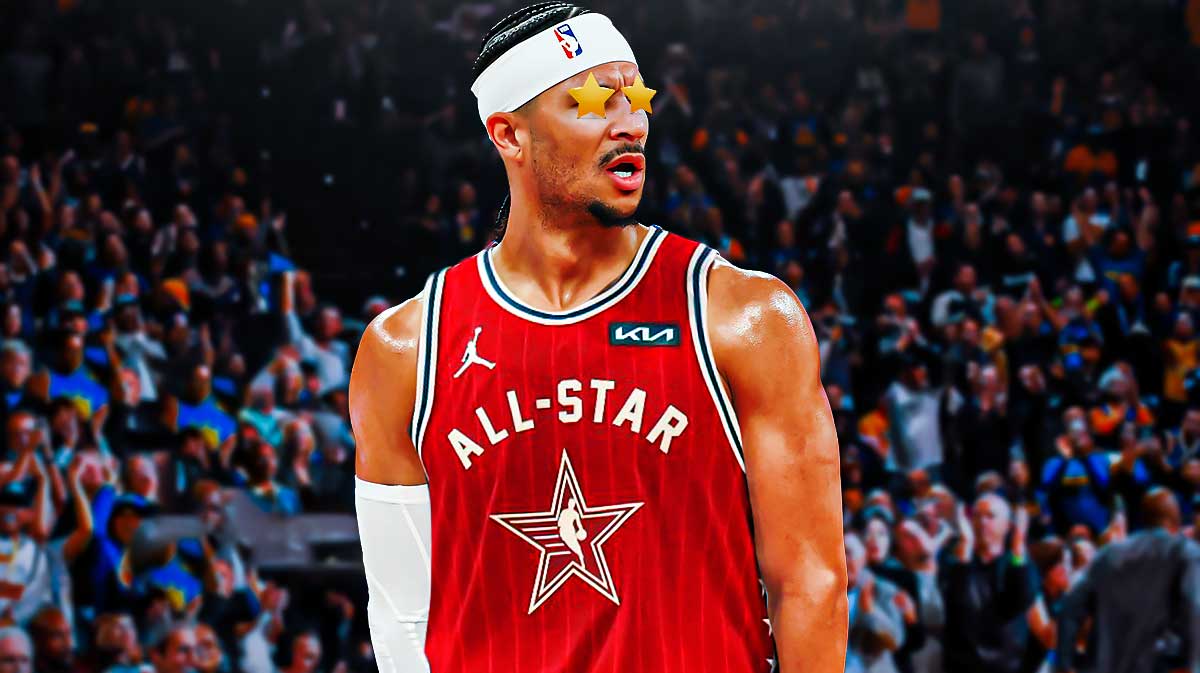 Josh Hart wearing an all-star jersey with stars in his eyes. NBA All-Star Game