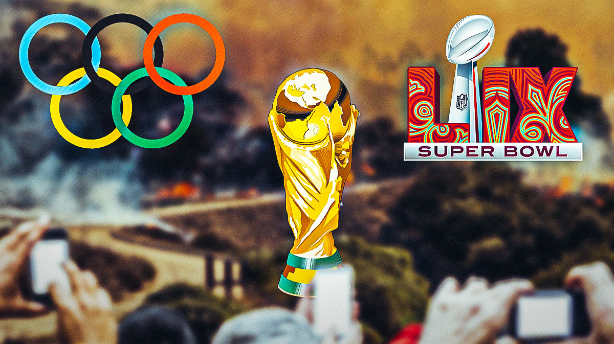 Logos for Olympics, World Cup and Super Bowl, with an image from the Palisades fire in the b.g.