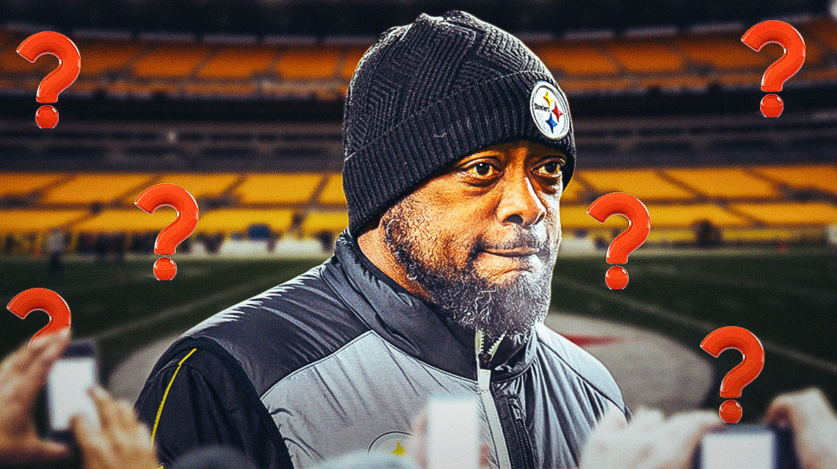 Pittsburgh Steelers head coach Mike Tomlin with question marks around him in front of Acrisure Stadium.