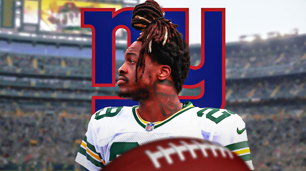 Xavier McKinney in Packers gear next to Giants logo.
