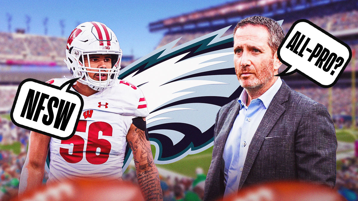 Howie Roseman, Zack Baun, speech bubble from Roseman's side with "All-Pro?" inside the bubble, speech bubble from Baun's side with NFSW text inside the bubble, Philadelphia Eagles logo in the background