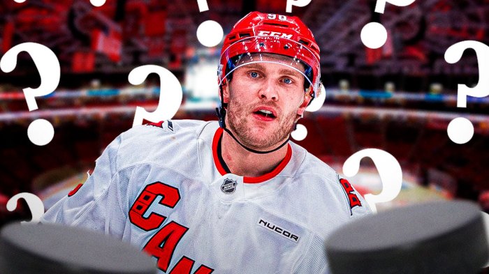 Mikko Rantanen in a Hurricanes uniform. question marks all around.