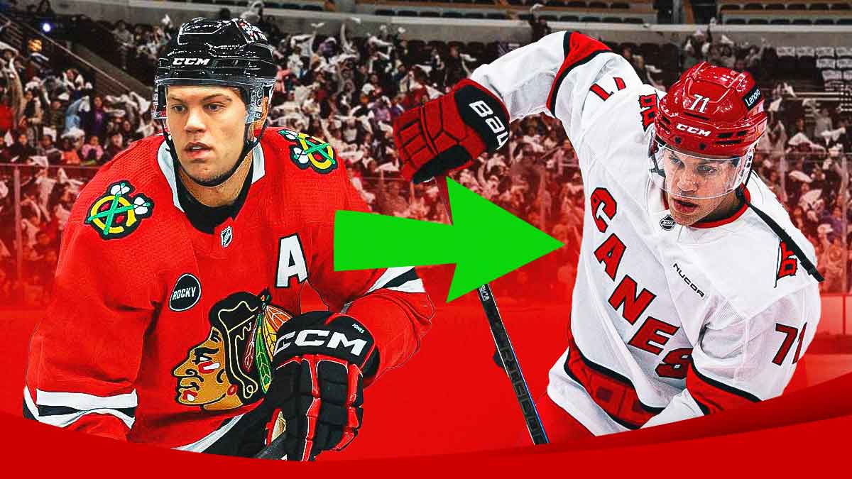 Taylor Hall in a Blackhawks uniform on the left, with a giant right-pointing arrow in the middle, and Hall in his Hurricanes uniform on the right