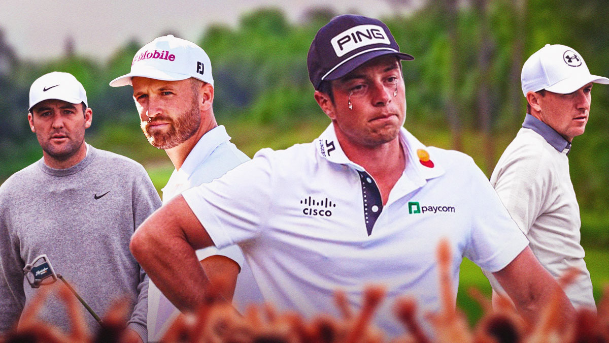 viktor hovland crying with scottie scheffler, jordan spieth and wyndham clark in image