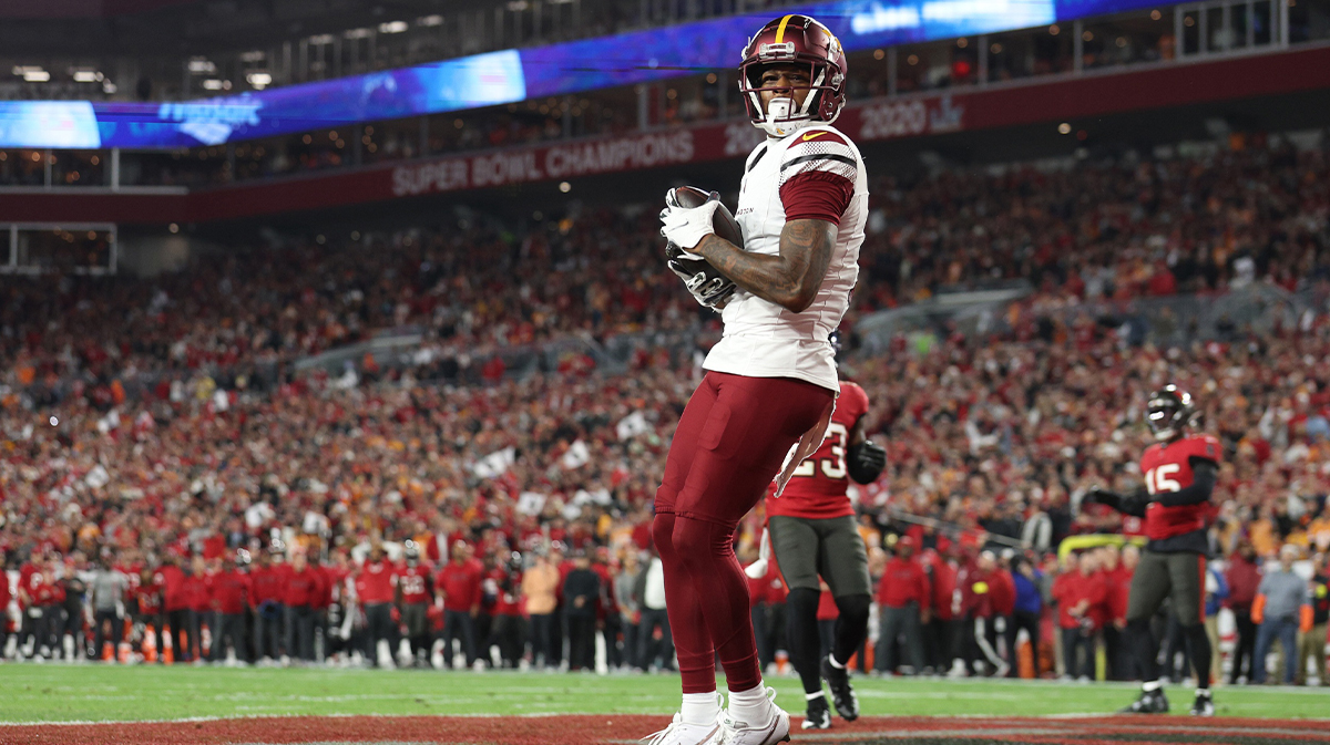 Washington Commanders wide receiver Dyami Brown (2) catches a touchdown during the second quarter of the NFC wild card playoff game against the Tampa Bay Buccaneers at Raymond James Stadium. 