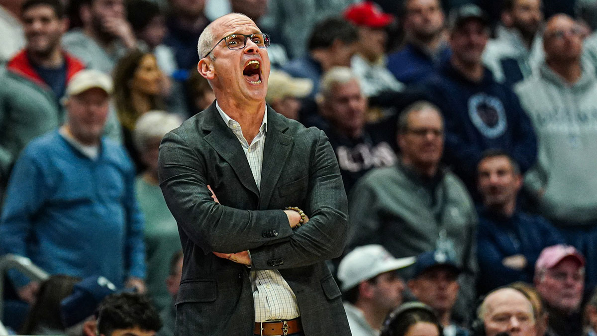 Jan 21, 2025; Storrs, Connecticut, USA; UConn Huskies head coach Dan Hurley watches from the sideline as they take on the Butler Bulldogs at Harry A. Gampel Pavilion. Mandatory Credit: David Butler II-Imagn Images