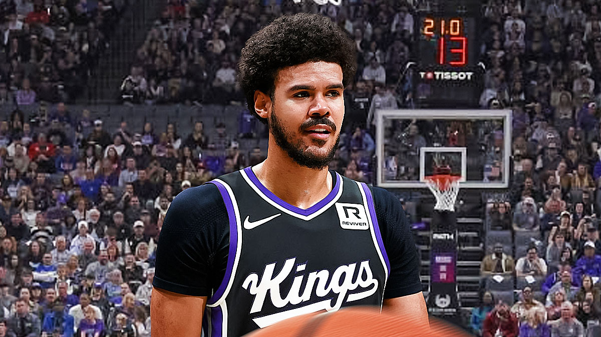 NBA player Cam Johnson in a Sacramento Kings jersey with the Kings arena in the background, trade