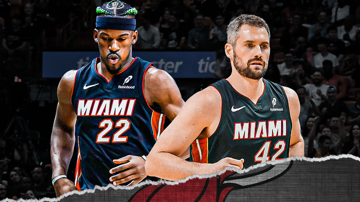 Miami Heat players Jimmy Butler and Kevin Love with the Heat arena in the background, trade