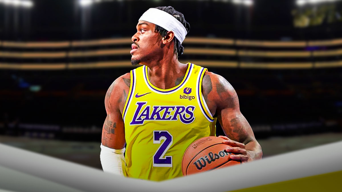 LA Lakers player Jarred Vanderbilt with the Lakers arena in the background, injury