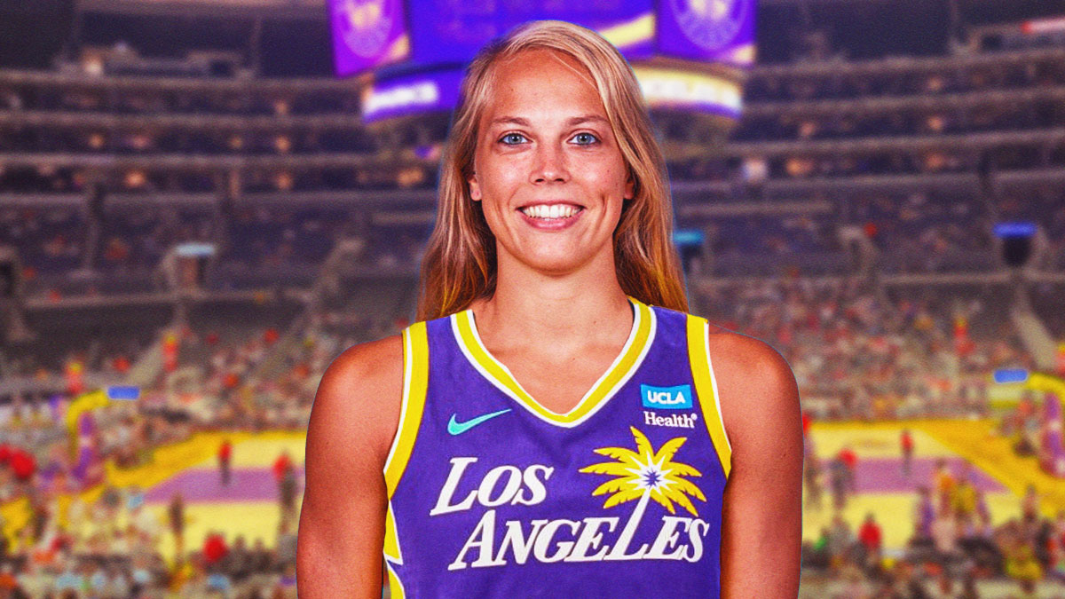 WNBA player Julie Allemand in a LA Sparks jersey with the LA Sparks arena in the background, WNBA free agency roster move