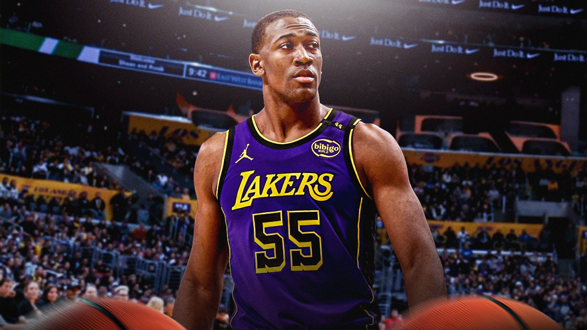 LA Lakers player Trey Jemison with the LA Lakers arena in the background, debut