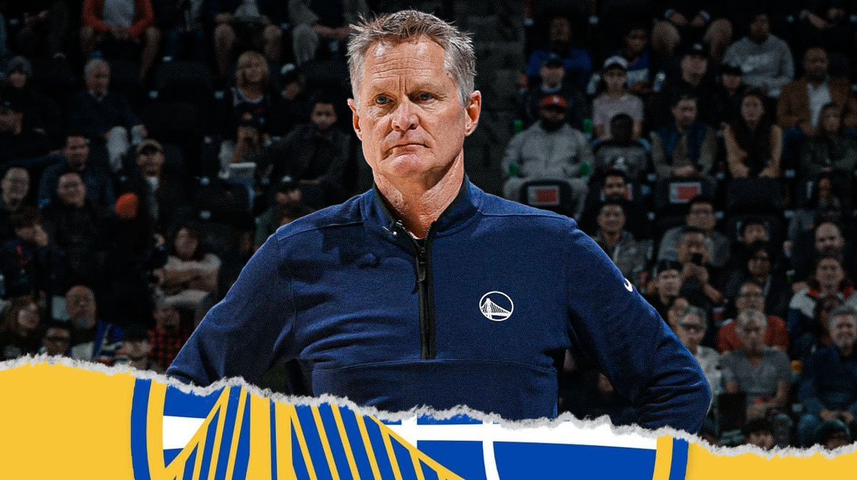 Golden State Warriors coach Steve Kerr with the Warriors logo in the background, Donald Trump