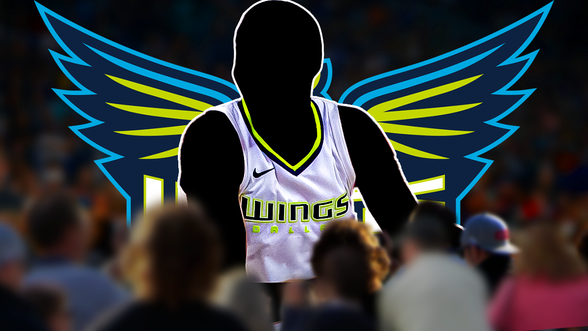 A shadowy player in a Dallas Wings jersey with the Dallas Wings logo in the background, WNBA free agency roster move