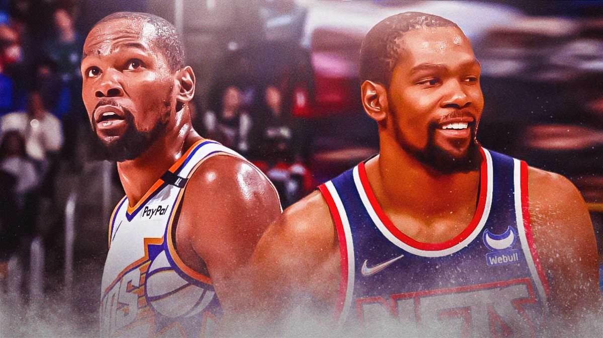A double image of NBA player Kevin Durant, one of him in his Phoenix Suns jersey, and the other of him in his old Brooklyn Nets jersey