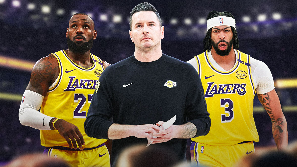 LA Lakers coach JJ Redick in the middle. Have LA Lakers player LeBron James on one side of him and LA Lakers player Anthony Davis on the other side. Have the Lakers arena in the background, trade deadline