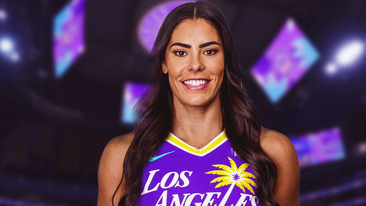 WNBA player Kelsey Plum in an LA Sparks jersey with the LA Sparks arena in the background, WNBA free agency trade