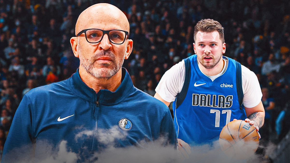 Dallas Mavericks head coach Jason Kidd alongside Dallas Mavericks player Luka Doncic. Have the Mavericks arena in the background, injury