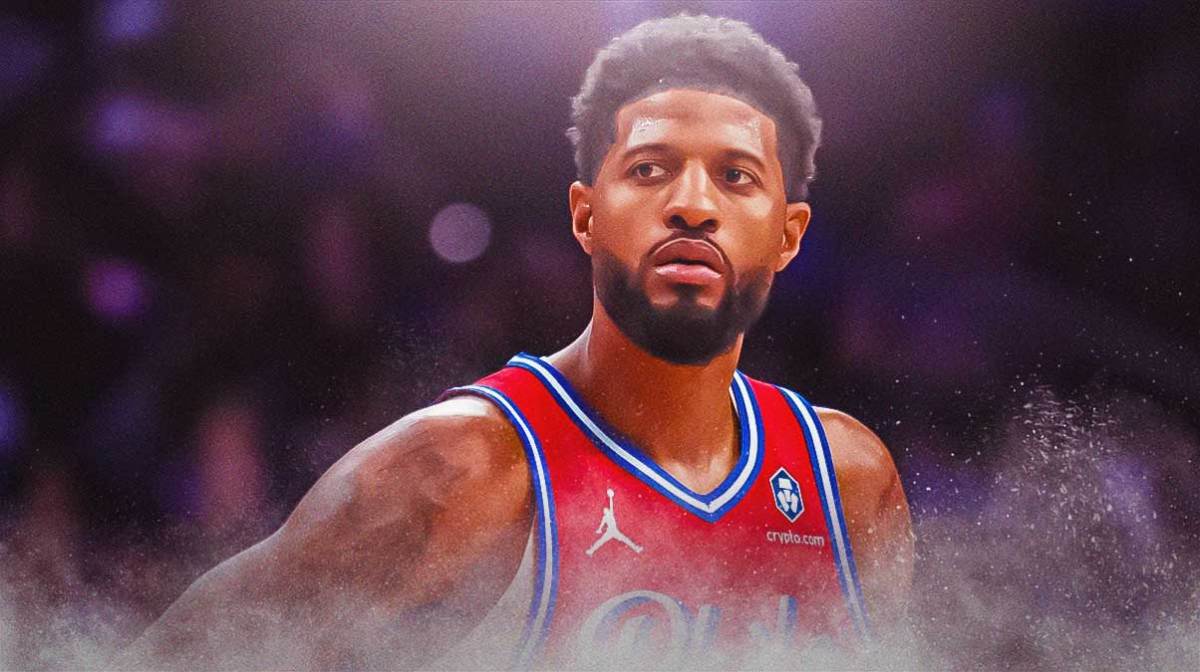 Philadelphia 76ers player Paul George with the 76ers arena in the background, injury Bulls
