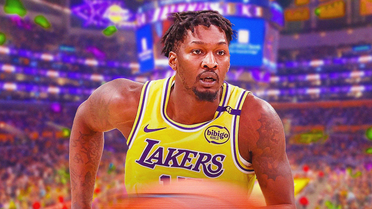 LA Lakers player Dorian Finney-Smith with the LA Lakers arena in the background, minutes defense