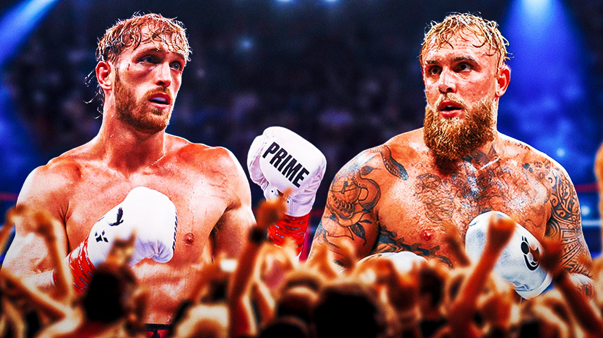 Logan and Jake Paul looking at each other with boxing gloves on, engaging in a face-off