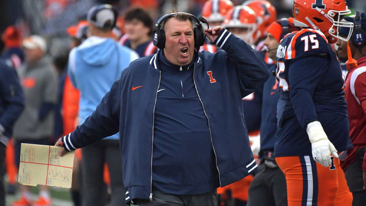 llinois Fighting Illini head coach Bret Bielema reacts during the second half against the Michigan State Spartans at Memorial Stadium.