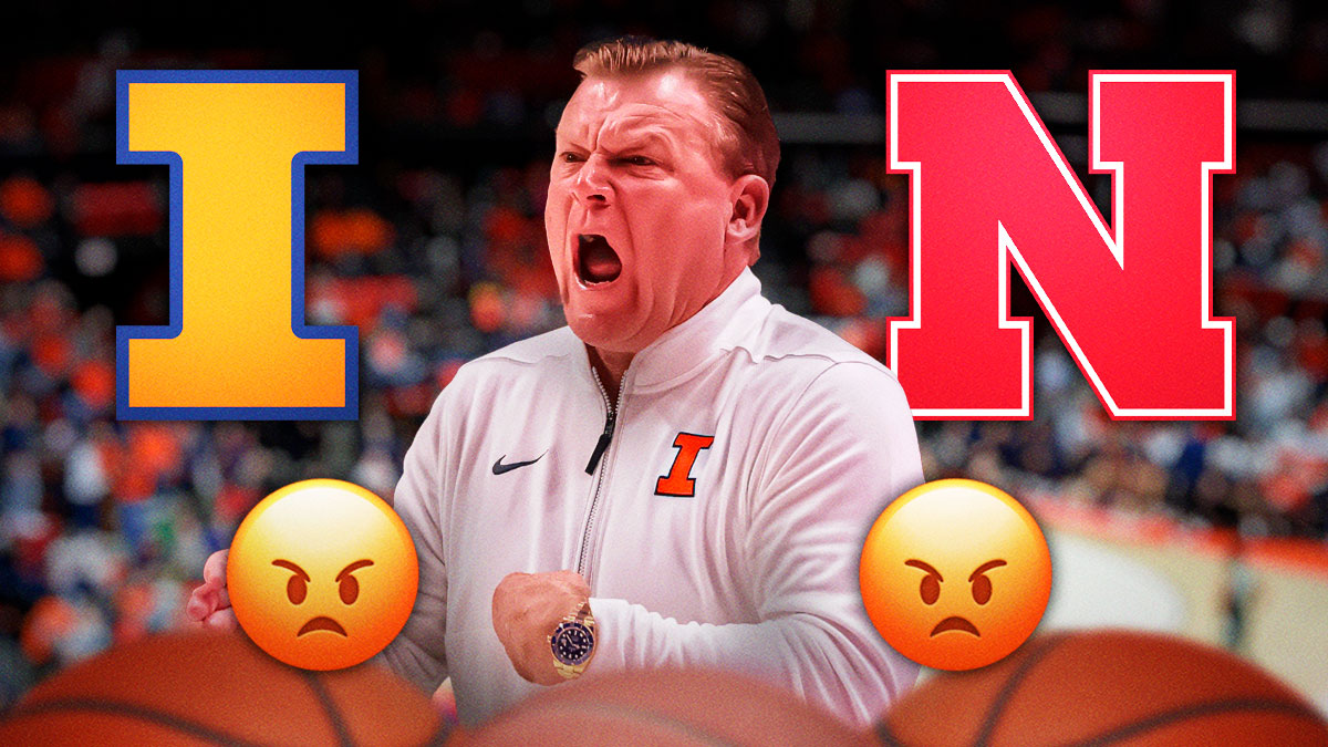 Brad Underwood, Illinois Fighting Illini and Nebraska Cornhuskers logos, mad symbols surrounding Underwood