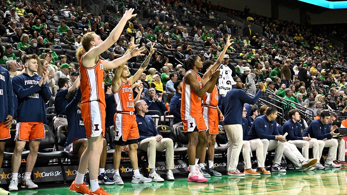 Illinois Fighting Illini bench reacts to a three point basket during the second half ]against the Oregon Ducks at Matthew Knight Arena.