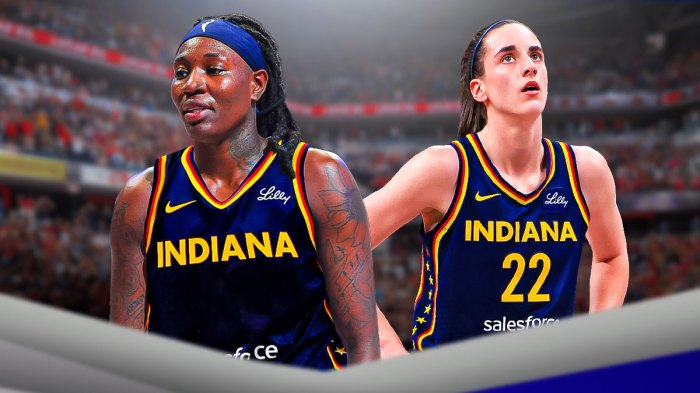 WNBA player Natasha Howard in an Indiana Fever jersey alongside Indiana Fever player Caitlin Clark. Have the Indiana Fever arena in the background, WNBA free agency