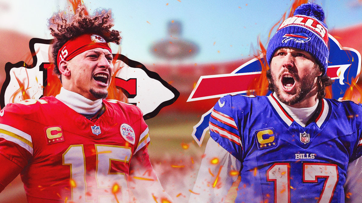 Patrick Mahomes, Josh Allen, Kansas City Chiefs and Buffalo Bills logos in background, fire symbols surrounding Mahomes and Allen