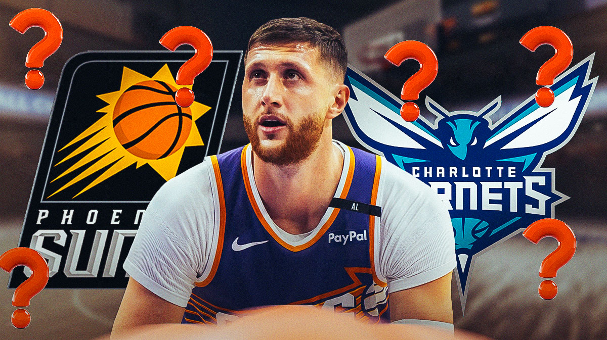 Jusuf Nurkic with Suns and Hornets logos next to him and a question mark