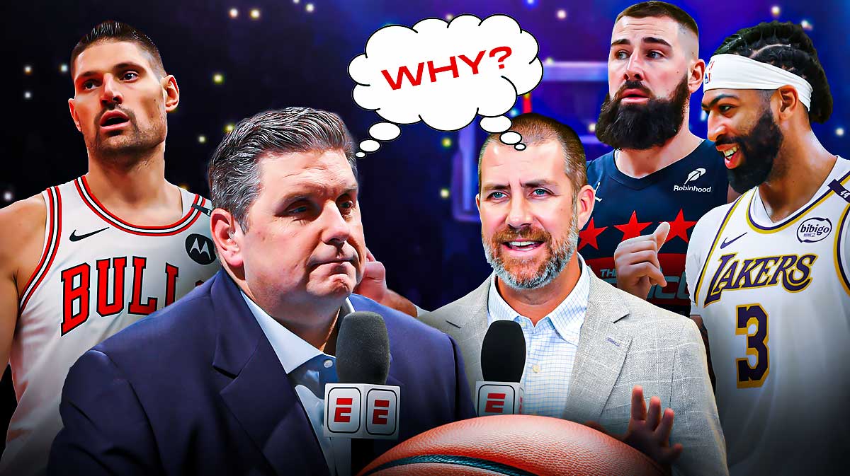 NBA insiders Brian Windhorst and Tim MacMahon with a shared thought bubble that says "Why?" with Anthony Davis smiling, as well as Nikola Vucevic and Jonas Valanciunas next to them.